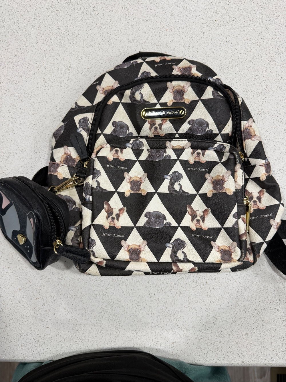 Betsey Johnson Mini Frenchie Print Backpack Faux Leather Zip Outer Pockets B/W